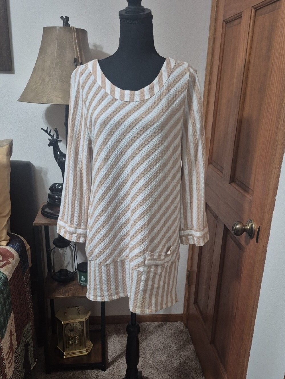 Soft Surroundings Taupe and White Striped Knit Top